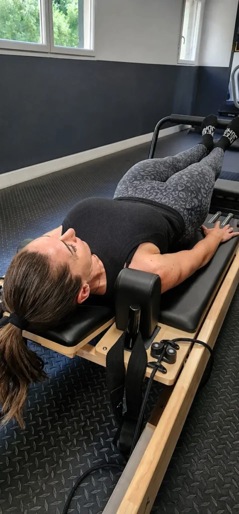 Séance pilates reformer pilates exercice allonge Studio QPM Manosque – Studio QPM Corbières-en-Provence Manosque